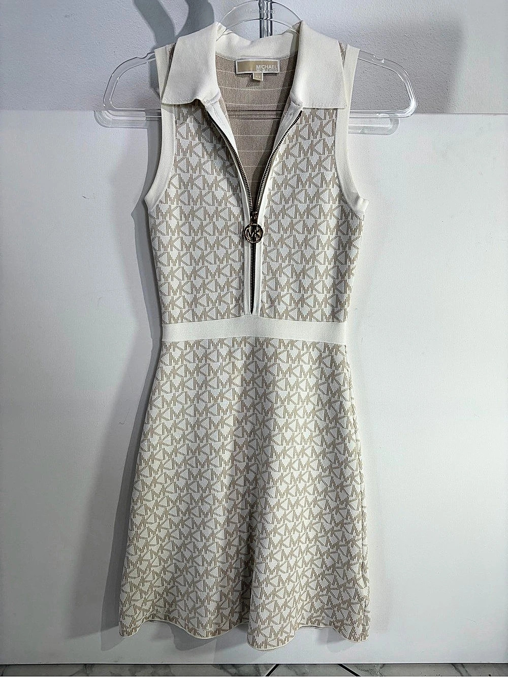 Michael Kors Logo Jacquard Polo Dress Mini White & Tan XS
